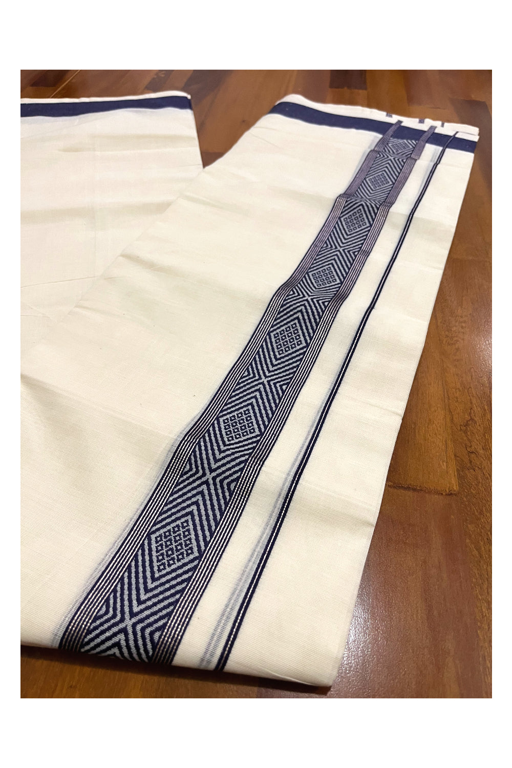 Pure Cotton Off White Double Mundu with Silver Kasavu and Navy Blue Woven Border (South Indian Dhoti)