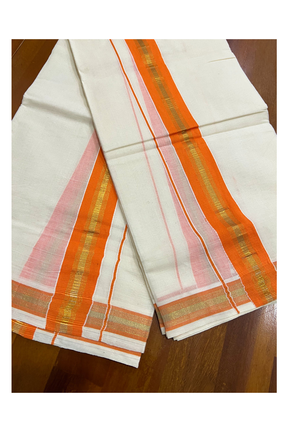 Pure Cotton Kerala Single Set Mundu (Mundum Neriyathum) with Orange and Kasavu Border