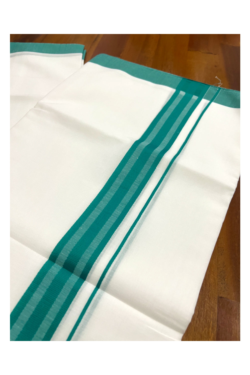 Pure White Cotton Double Mundu with Green Line Border (South Indian Dhoti)