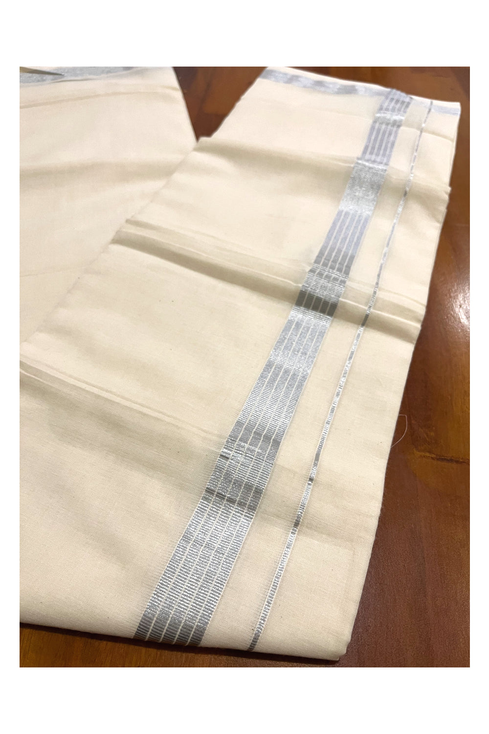 Pure Cotton Off White Double Mundu with Silver Lines Kasavu Border (South Indian Dhoti)