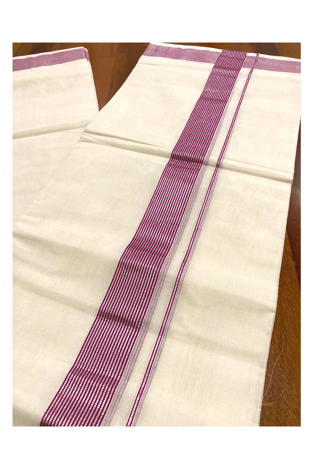 Southloom Premium Handloom Pure Cotton Mundu with Magenta and Silver Kasavu Lines Border (South Indian Dhoti)