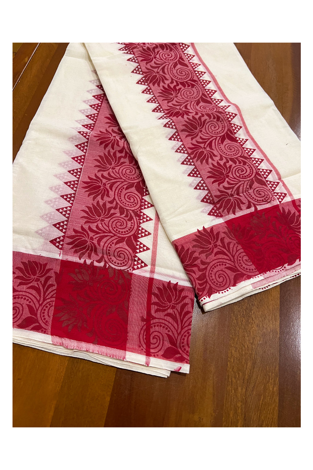 Kerala Cotton Set Mundu (Mundum Neriyathum) with Red Floral Temple Block Prints on Border