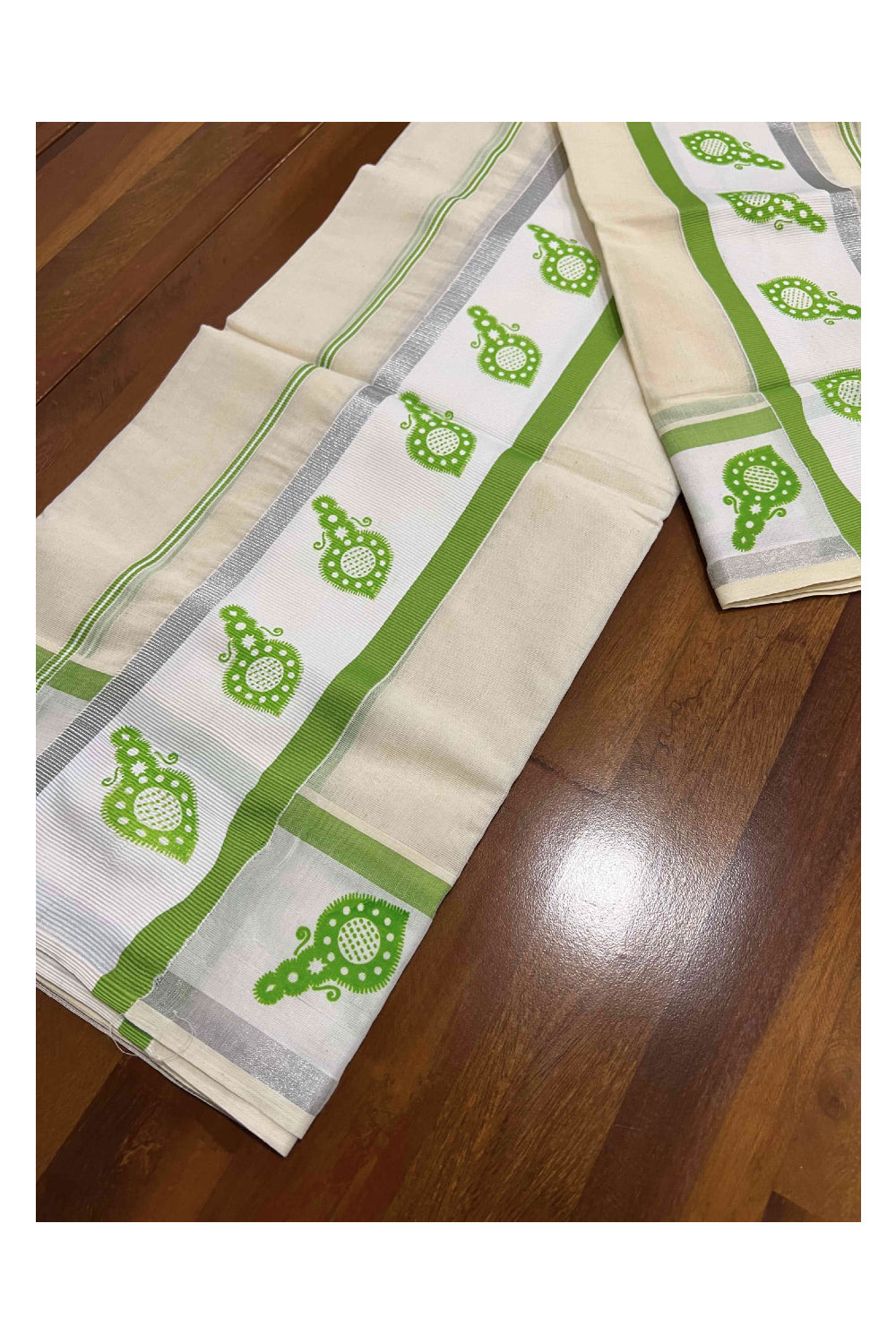 Kerala Cotton Set Mundu (Mundum Neriyathum) with Silver Kasavu and Light Green Block Printed Border