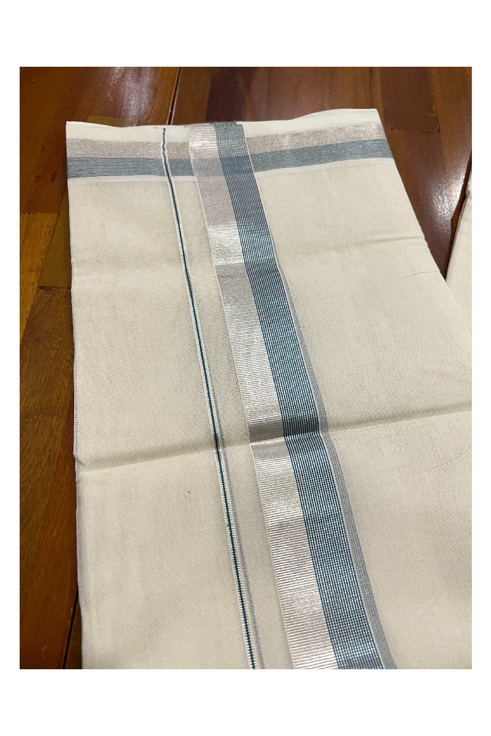 Southloom Balaramapuram Handloom Pure Cotton Mundu with Silver and Teal Blue Kasavu Border (South Indian Dhoti)