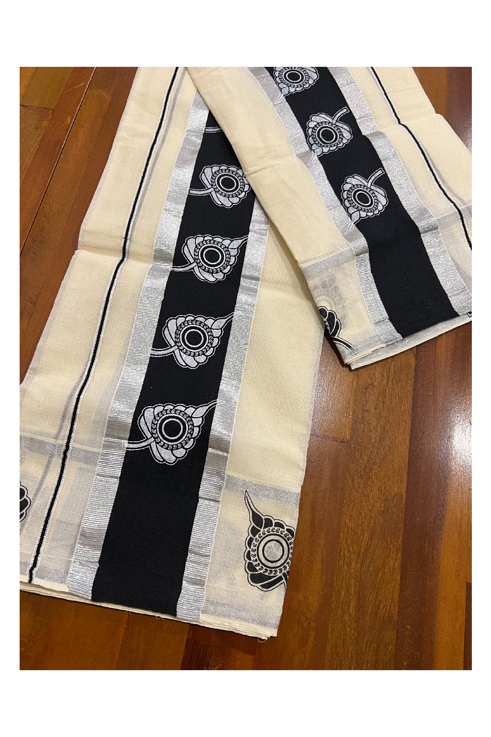 Kerala Cotton Silver Kasavu Set Mundu (Mundum Neriyathum) with Leaf Block Prints on Black Border