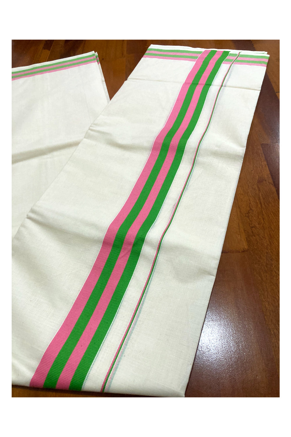 Pure Cotton Off White Double Mundu with Pink and Green Border (South Indian Dhoti)