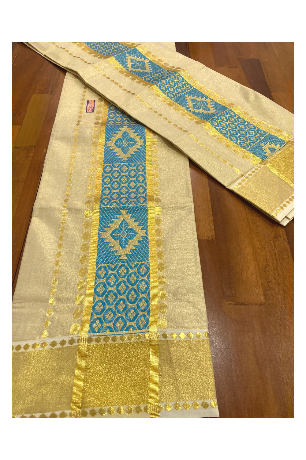 Kerala Tissue Kasavu Set Mundu (Mundum Neriyathum) with Blue Thread Work on Border 2.80 Mtrs