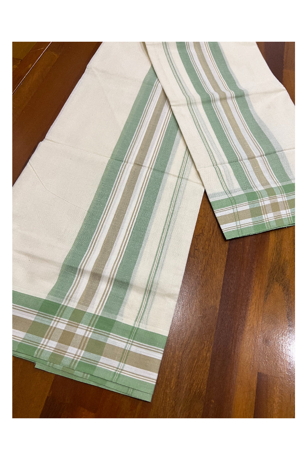 Kerala Cotton Mundum Neriyathum Single (Set Mundu) with Light Green and Beige Mulloth Border (Extra Soft Cotton)