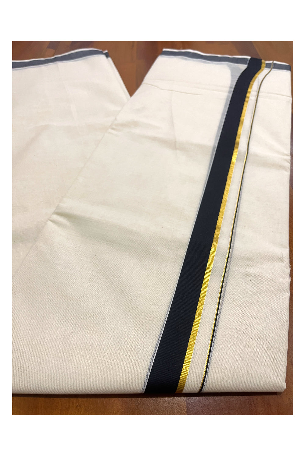 Pure Cotton Off White Double Mundu with Black and Kasavu Kara (South Indian Dhoti)