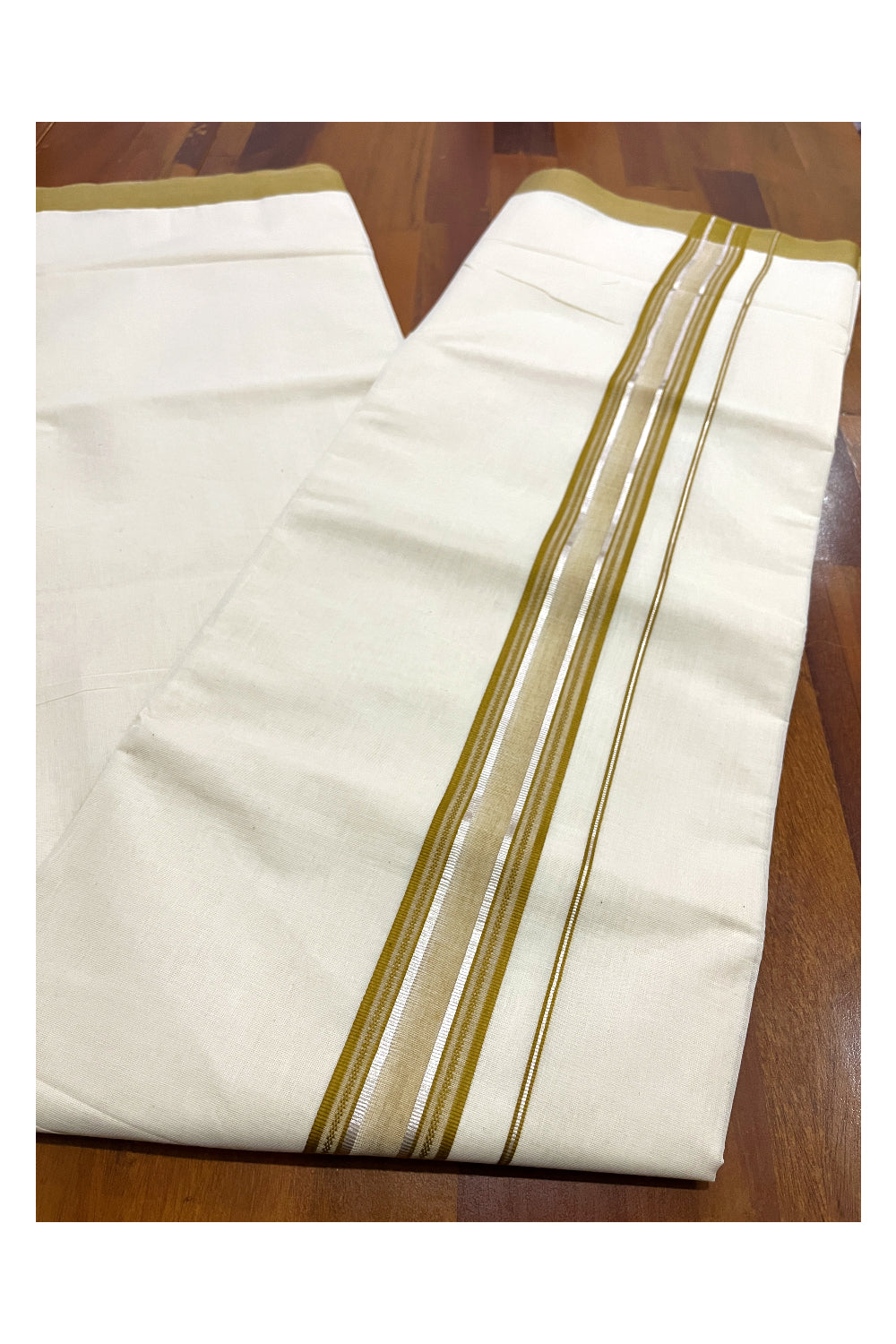 Pure Cotton Off White Double Mundu with Olive Green and Silver Kara (South Indian Dhoti)