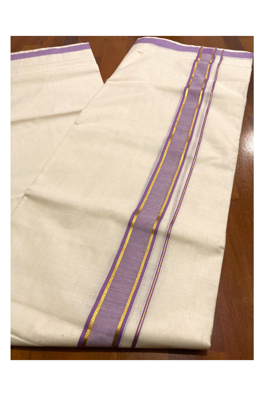 Pure Cotton Double Mundu with Violet and Kasavu Border (South Indian Dhoti)