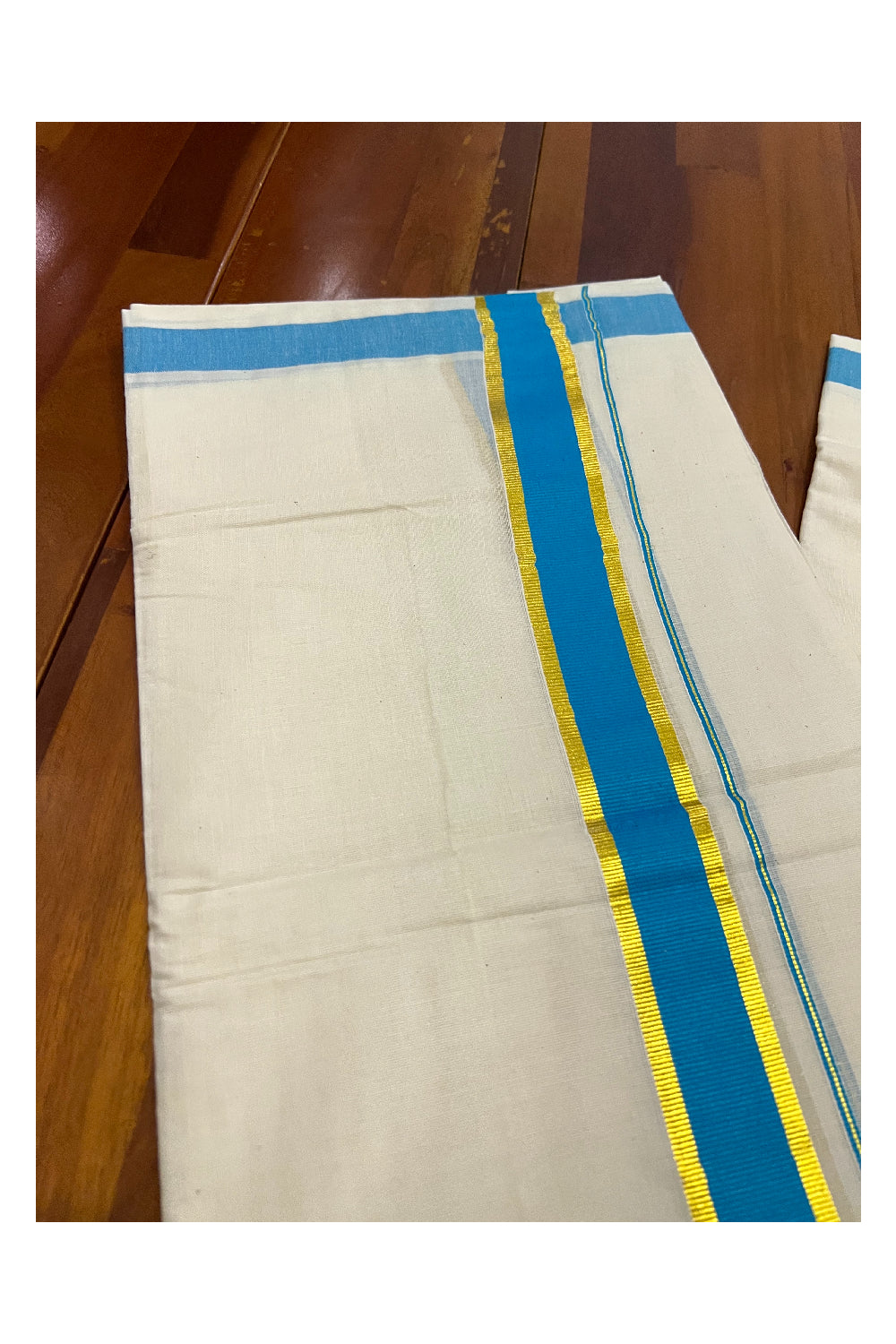 Off White Pure Cotton Double Mundu with Kasavu and Light Blue Kara (South Indian Dhoti)