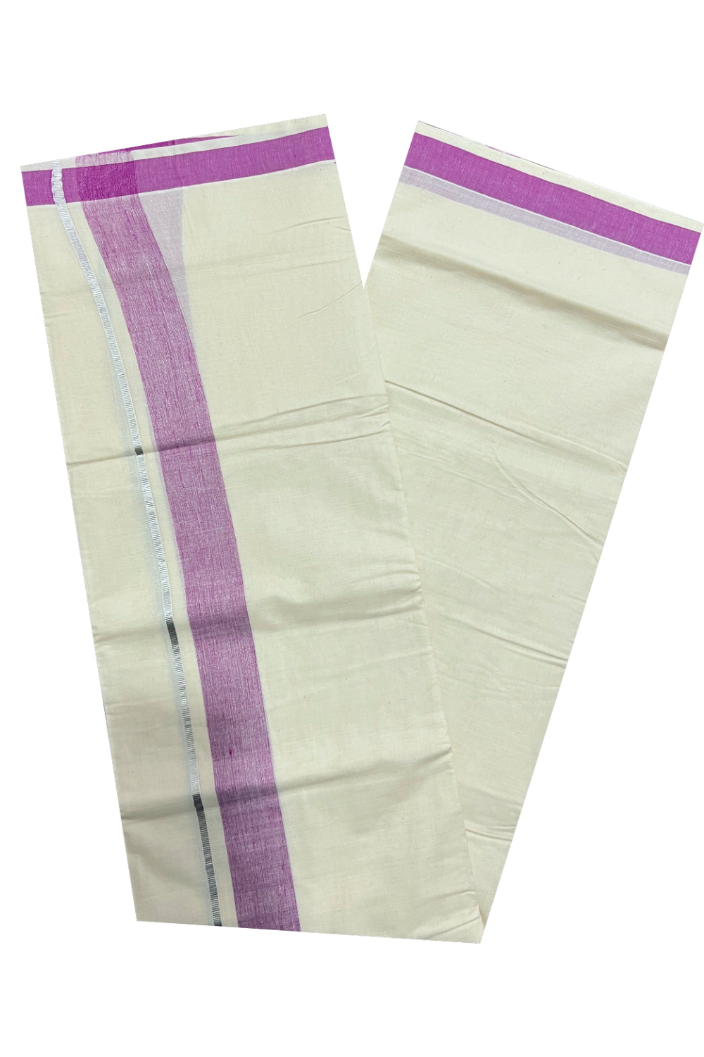 Pure Cotton Off White Double Mundu with Magenta and Silver Kasavu Border (South Indian Dhoti)