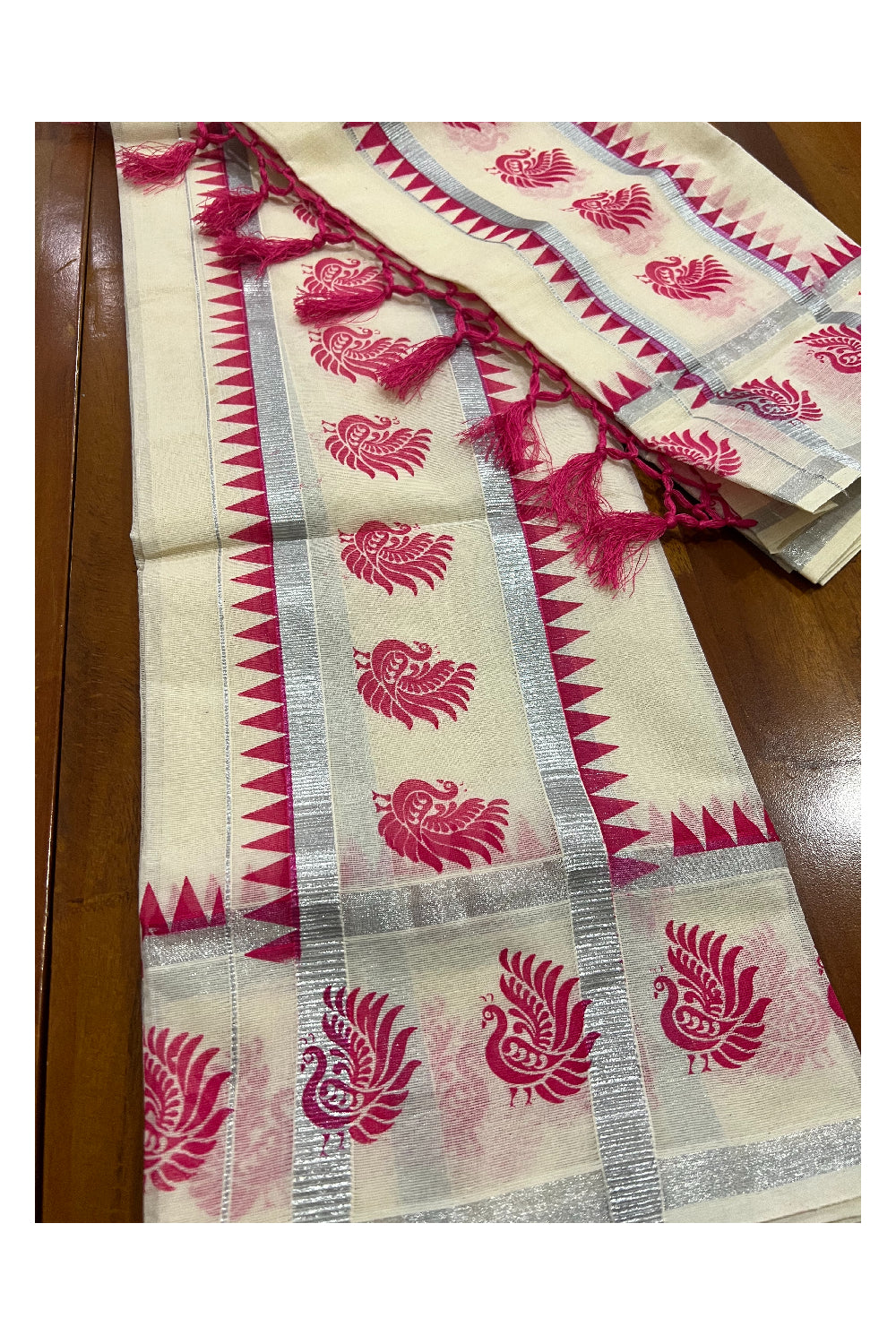 Kerala Cotton Set Mundu (Mundum Neriyathum) with Silver Kasavu Pink Peacock Temple Block Prints and Tassels Border