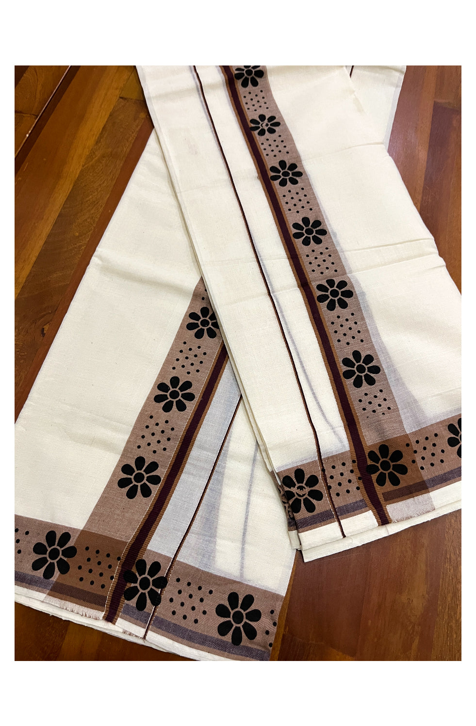 Kerala Cotton Set Mundu (Mundum Neriyathum) with Black Block Prints on Brown Border 2.80 Mtrs