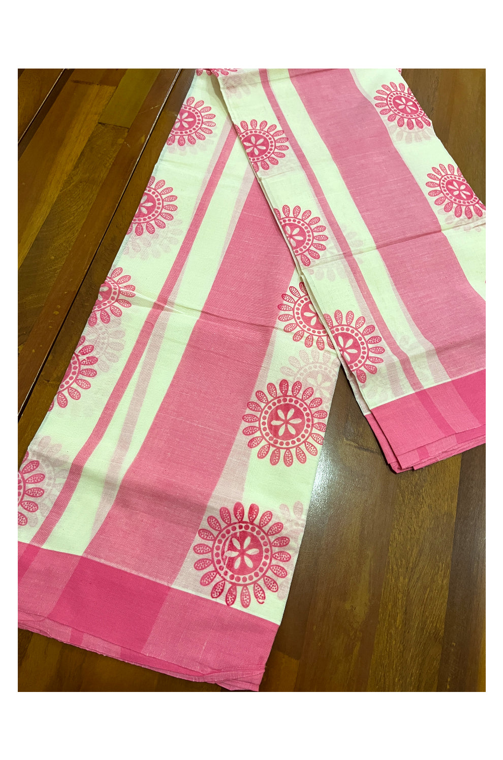 Pure Cotton Single Set Mundu (Mundum Neriyathum Onam 2023) with Pink Block Prints and Border