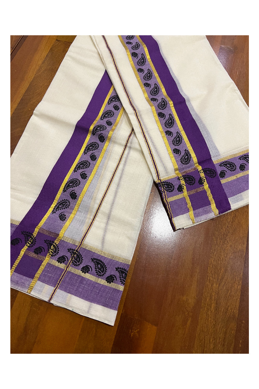 Kerala Cotton Kasavu Set Mundu (Mundum Neriyathum) with Black Floral Block Prints in Purple Border