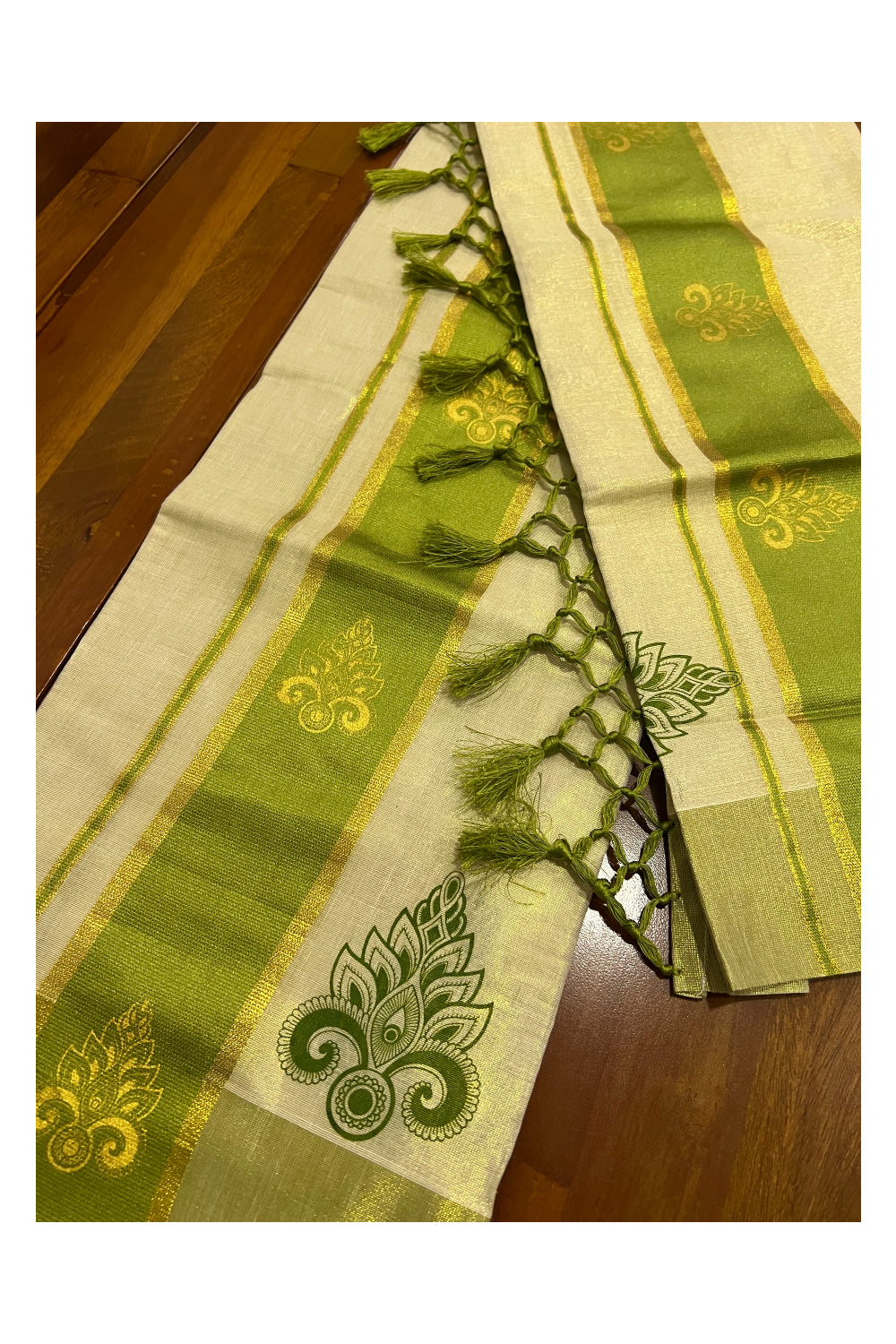 Kerala Tissue Kasavu Set Mundu (Mundum Neriyathum) with Golden and Light Green Block Prints and Tassels