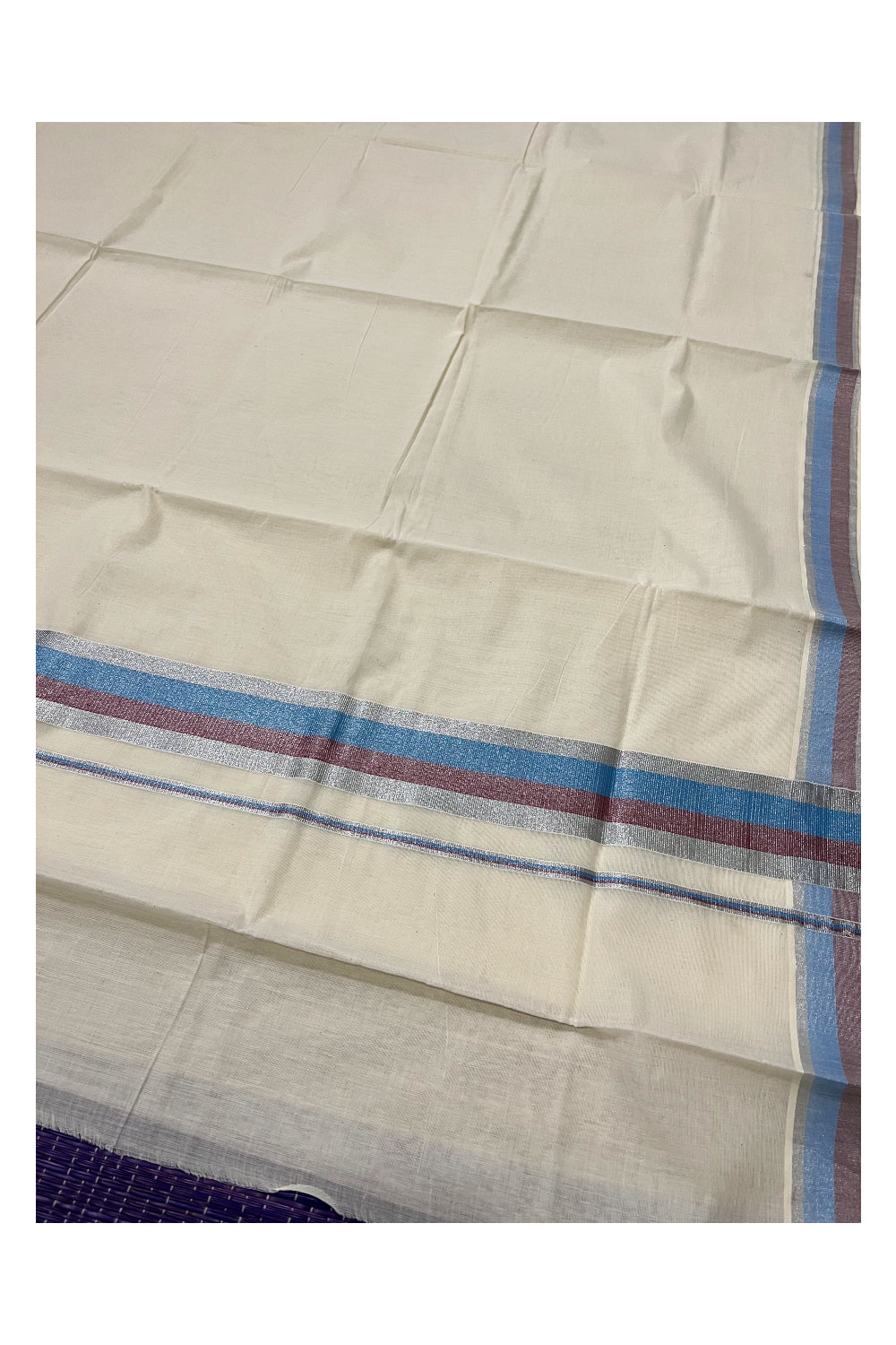 Pure Cotton Kerala Plain Saree with Silver and Light Blue Maroon Kasavu Border