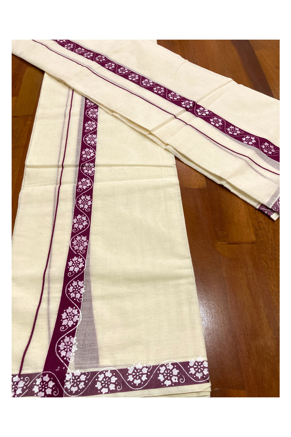 Pure Cotton Set Mundu (Mundum Neriyathum) with White Floral Block Prints on 1 inch Purple Border