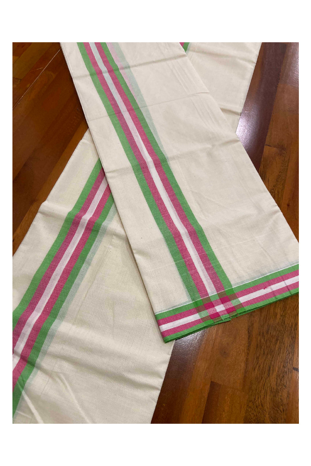 Kerala Cotton Mundum Neriyathum Single (Set Mundu) with Mulloth Design Green and Rose Border (Extra Soft Cotton)