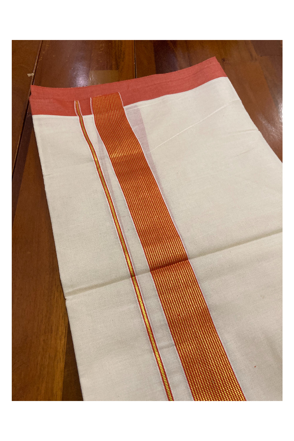 Off White Kerala Double Mundu with Kasavu and Red Line Border (South Indian Dhoti)