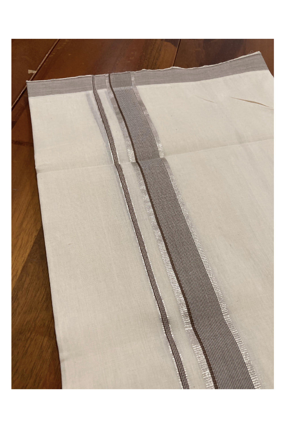 Southloom Balaramapuram Unakkupaavu Premium Handloom Mundu with Brown Lines and SIlver Kasavu Border