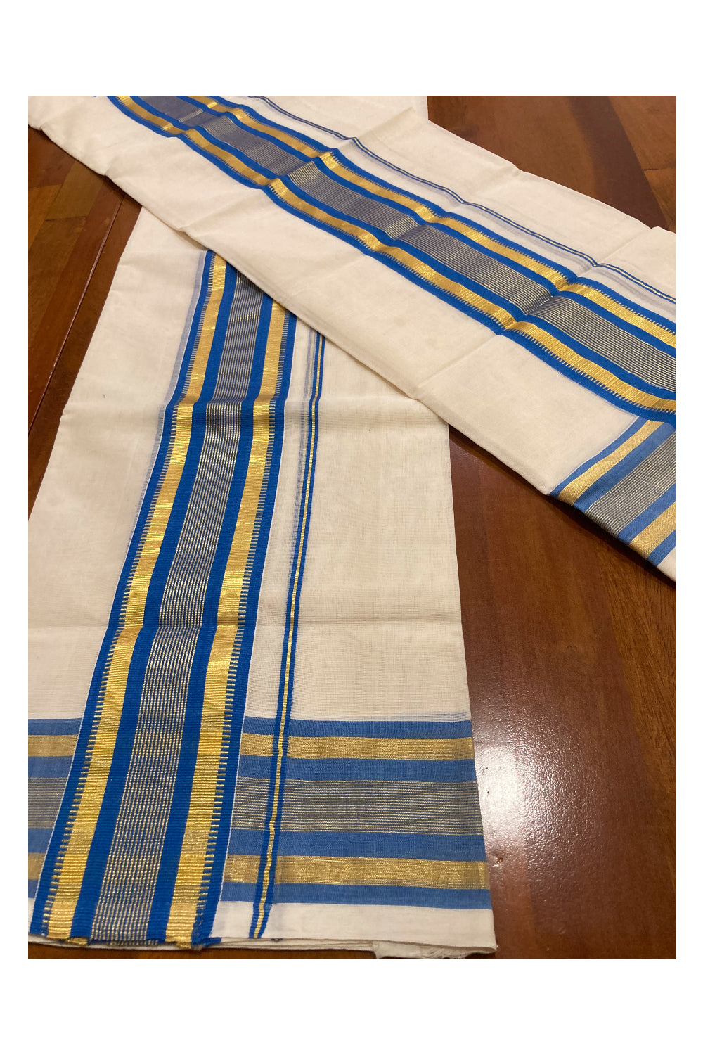 Southloom Premium Handloom Single Set Mundu with Kasavu and Blue Border