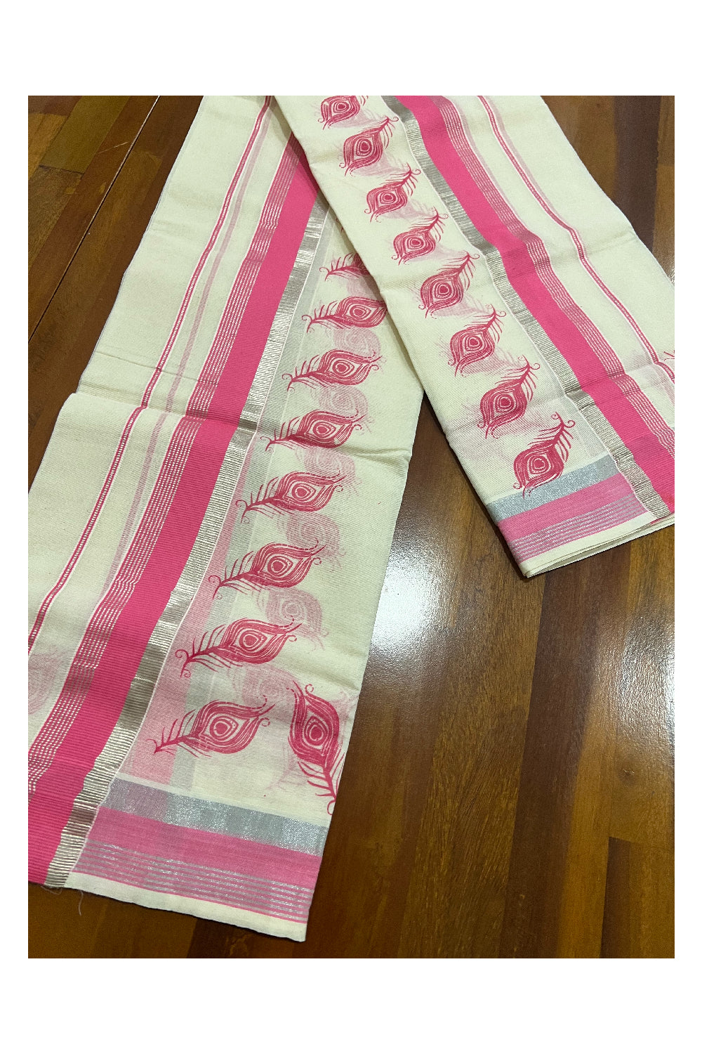 Kerala Cotton Set Mundu (Mundum Neriyathum) with Pink Feather Block Prints and Silver Border