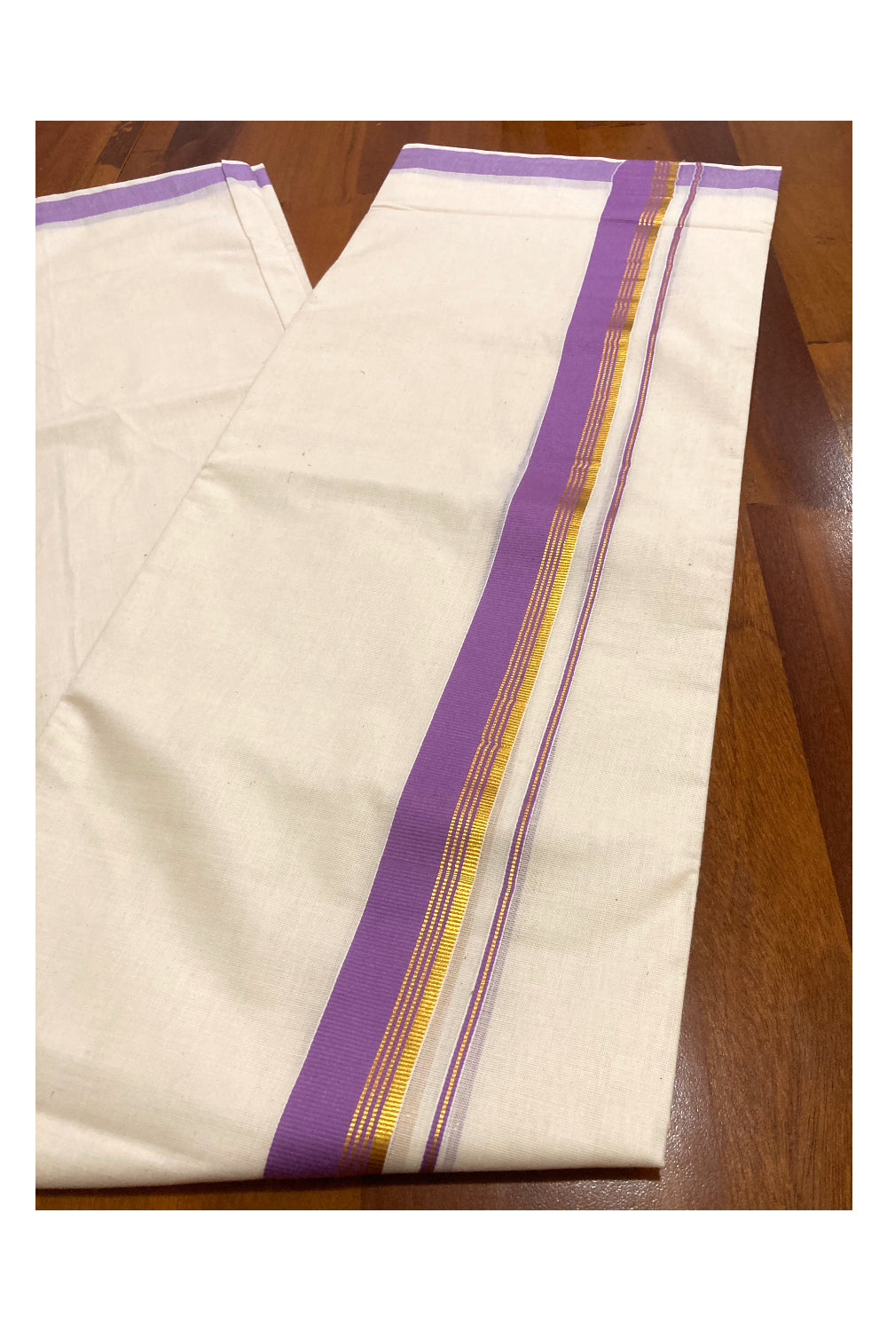 Pure Cotton Double Mundu with Violet and Kasavu Border (South Indian Dhoti)