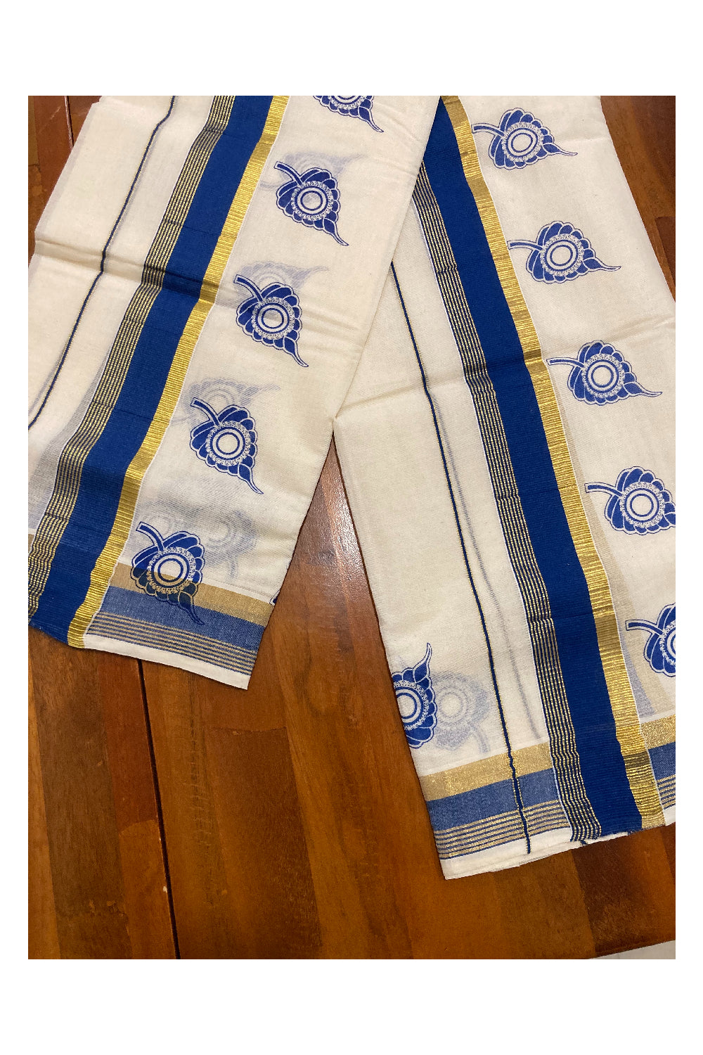 Pure Cotton Kasavu Set Mundu (Mundum Neriyathum) with Blue Leaf Block Prints on Border