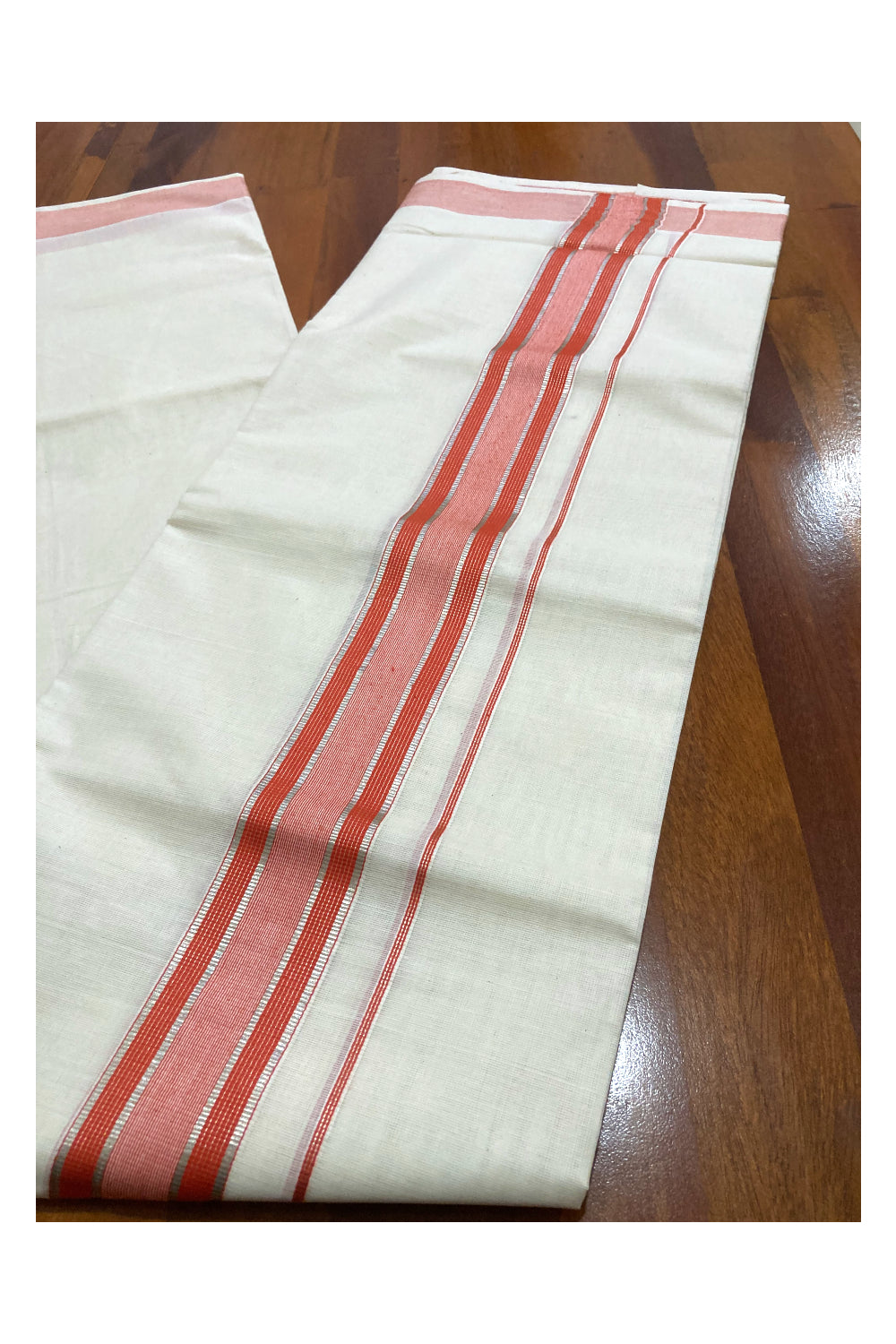 Off White Pure Cotton Double Mundu with Silver Kasavu and Orange Border (South Indian Kerala Dhoti)