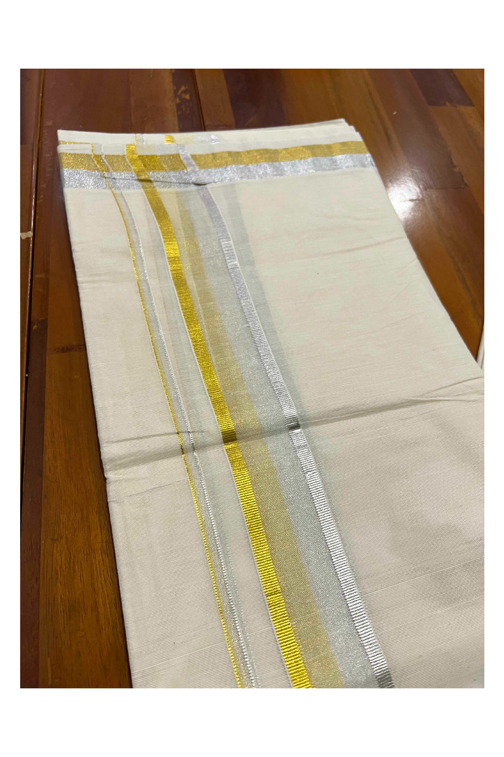 Off White Kerala Double Mundu with Silver and Golden Kasavu Border (South Indian Dhoti)