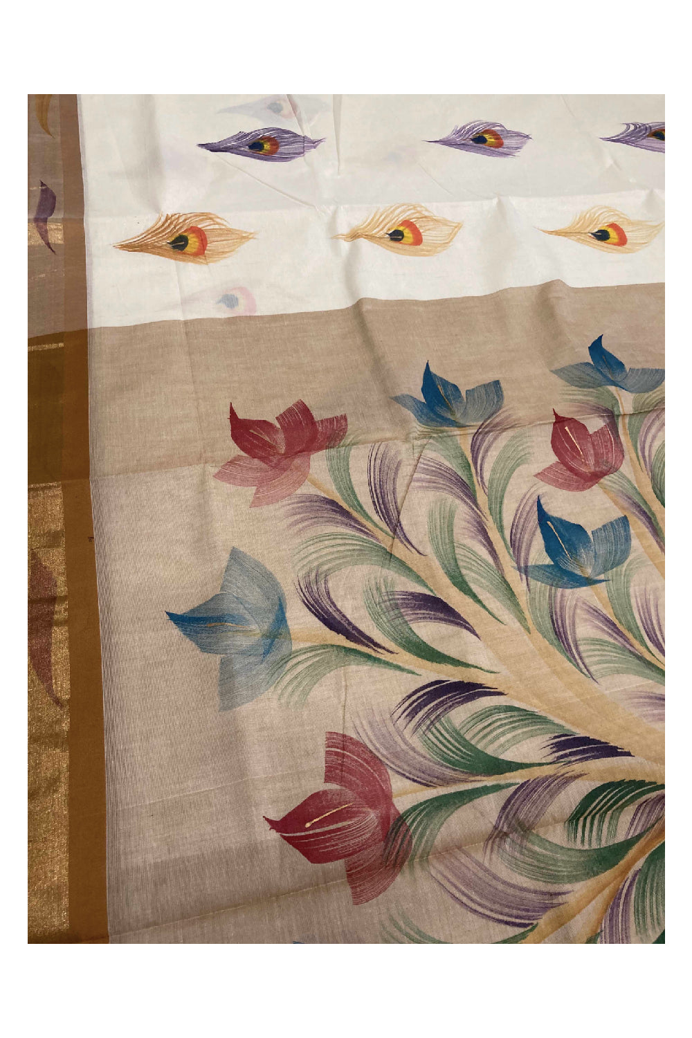 Southloom Saffron Handpainted Mural Kerala Kasavu Saree with Peacock Art