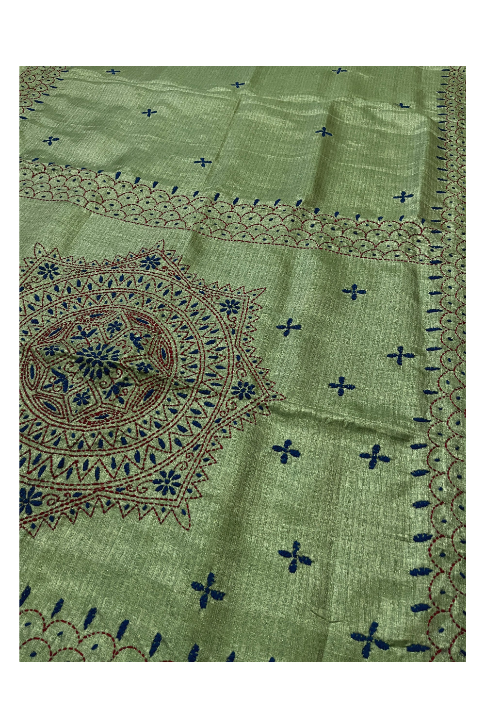 Southloom Semi Tussar Kantha Thread Work Green Saree