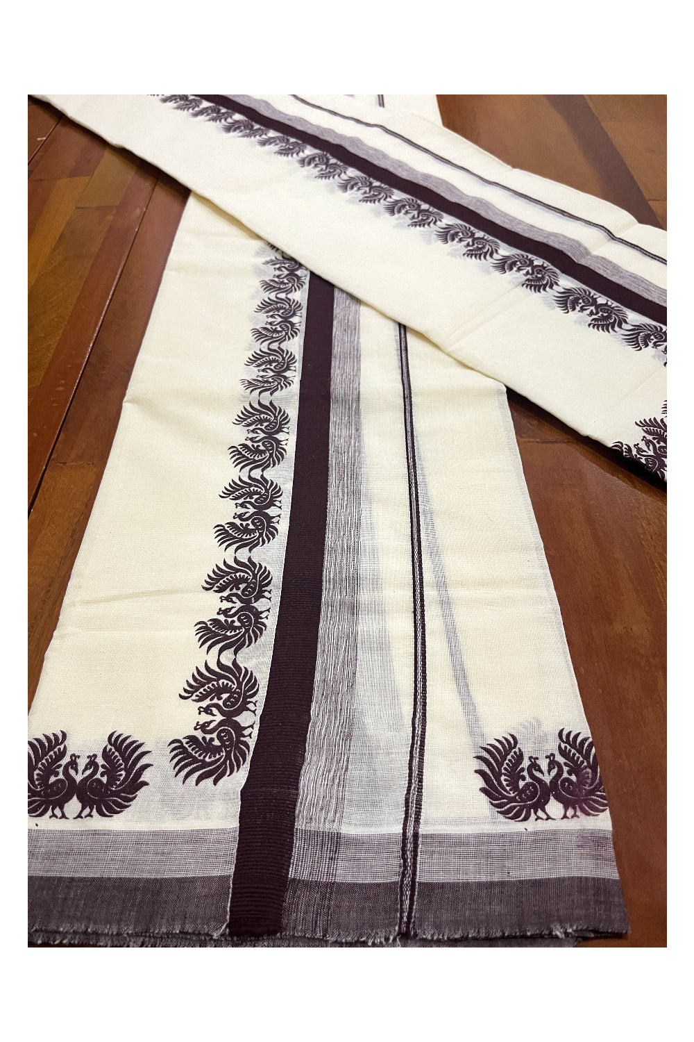 Kerala Cotton Single Set Mundu (Mundum Neriyathum) with Brown Block Prints on Border