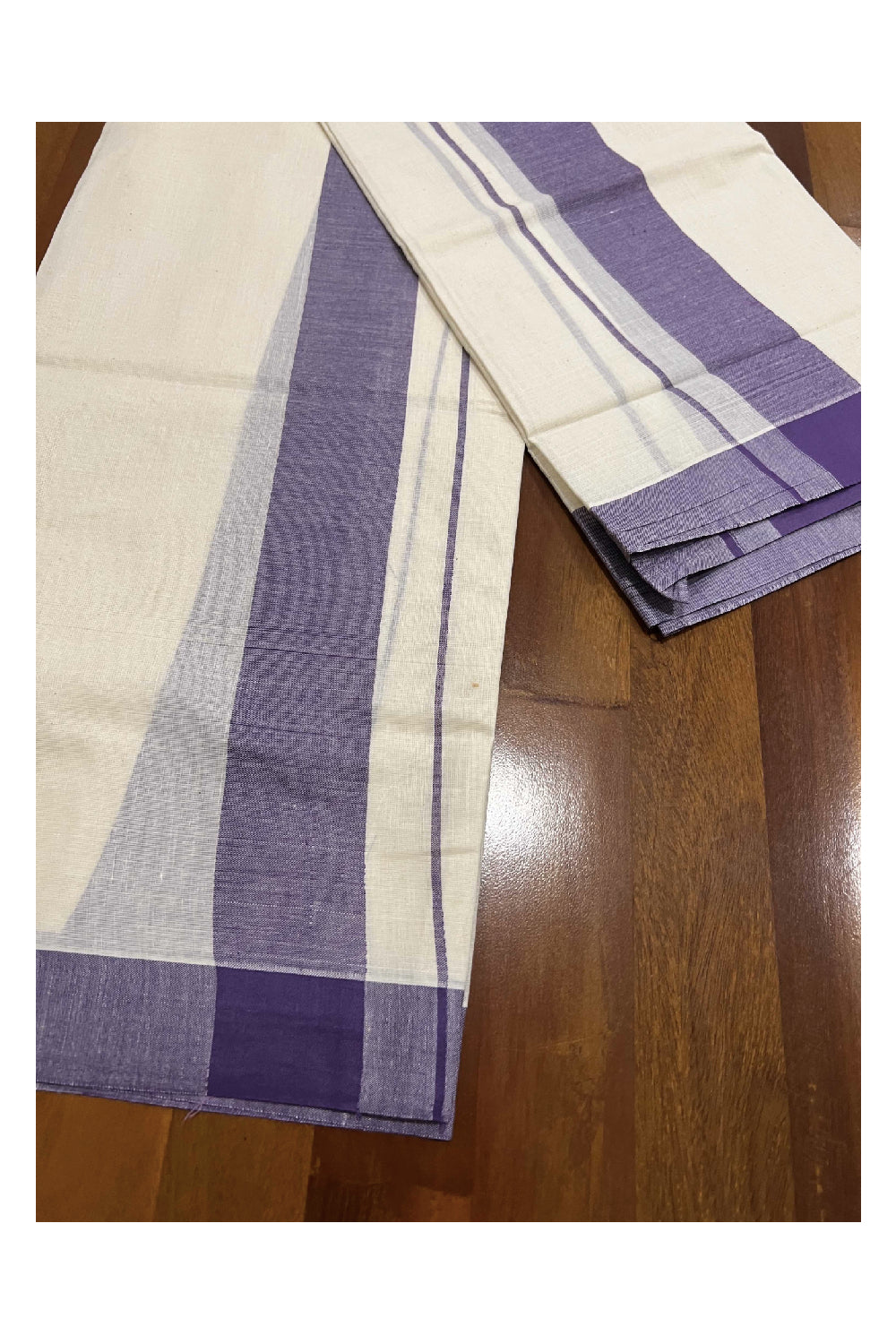 Kerala Cotton Mundum Neriyathum Single (Set Mundu) with Violet Mulloth Border (Extra Soft Cotton)