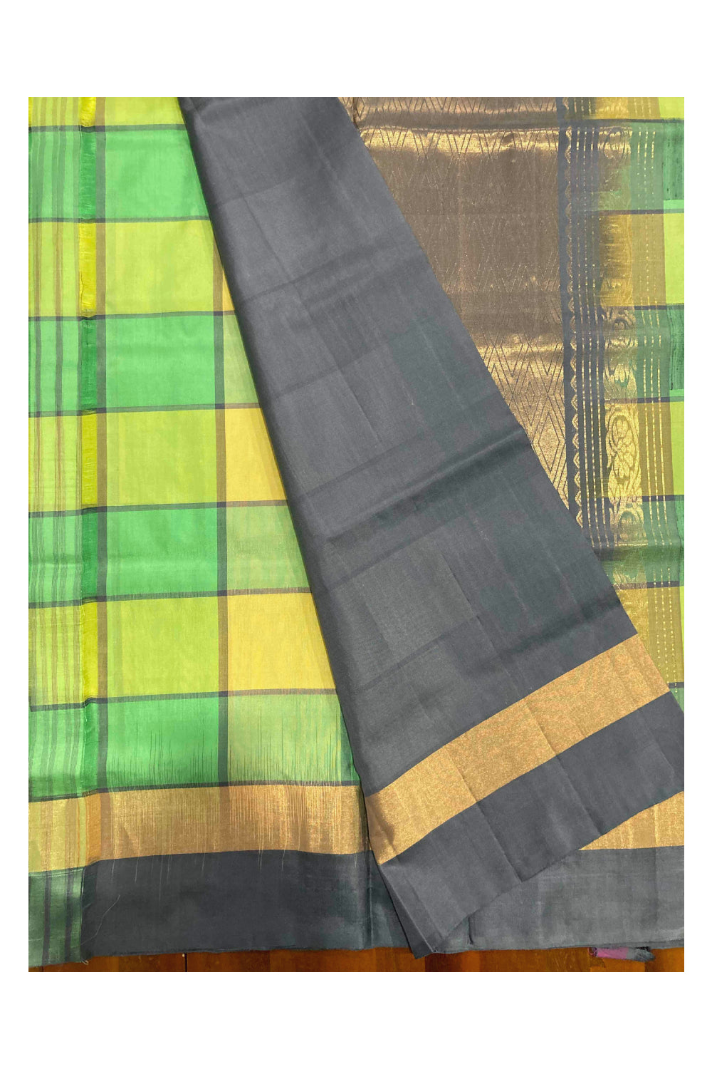 Southloom Handloom Pure Silk Kanchipuram Saree in Yellow Green Check Box Design