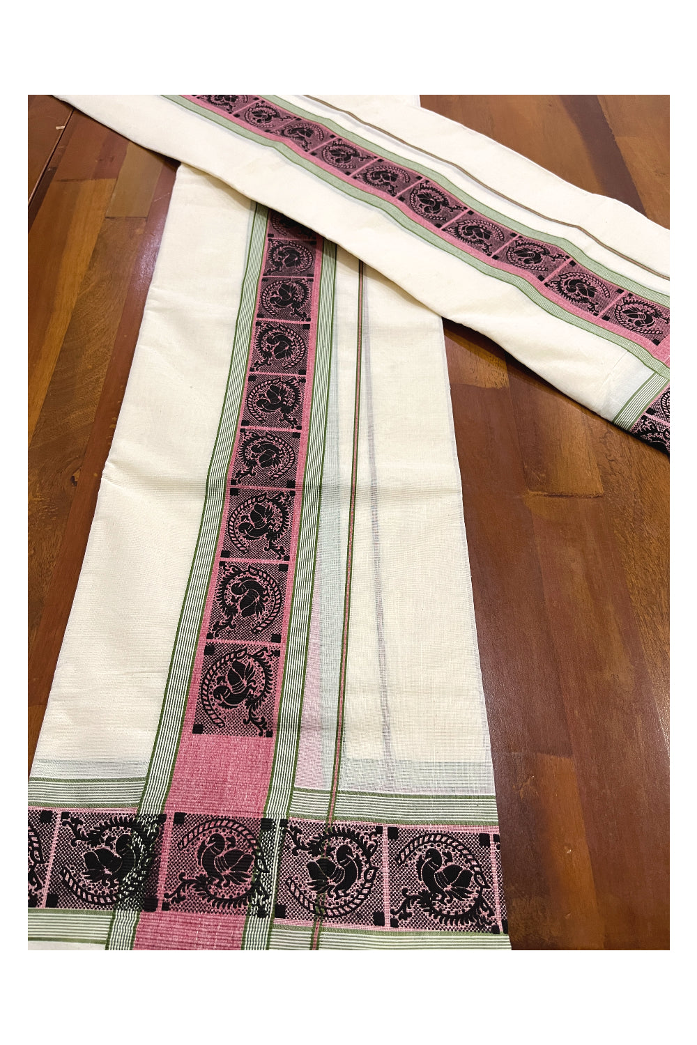 Kerala Cotton Single Set Mundu (Mundum Neriyathum) with Black Block Prints on Red Green Border