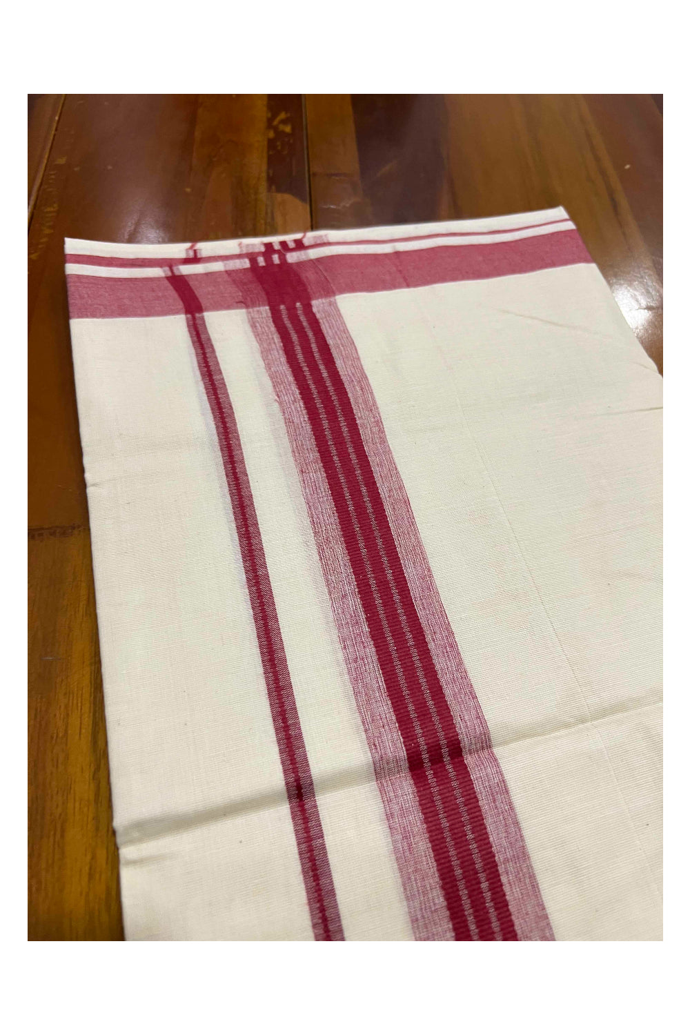 Off White Kerala Double Mundu with Maroon Line Border (South Indian Dhoti)