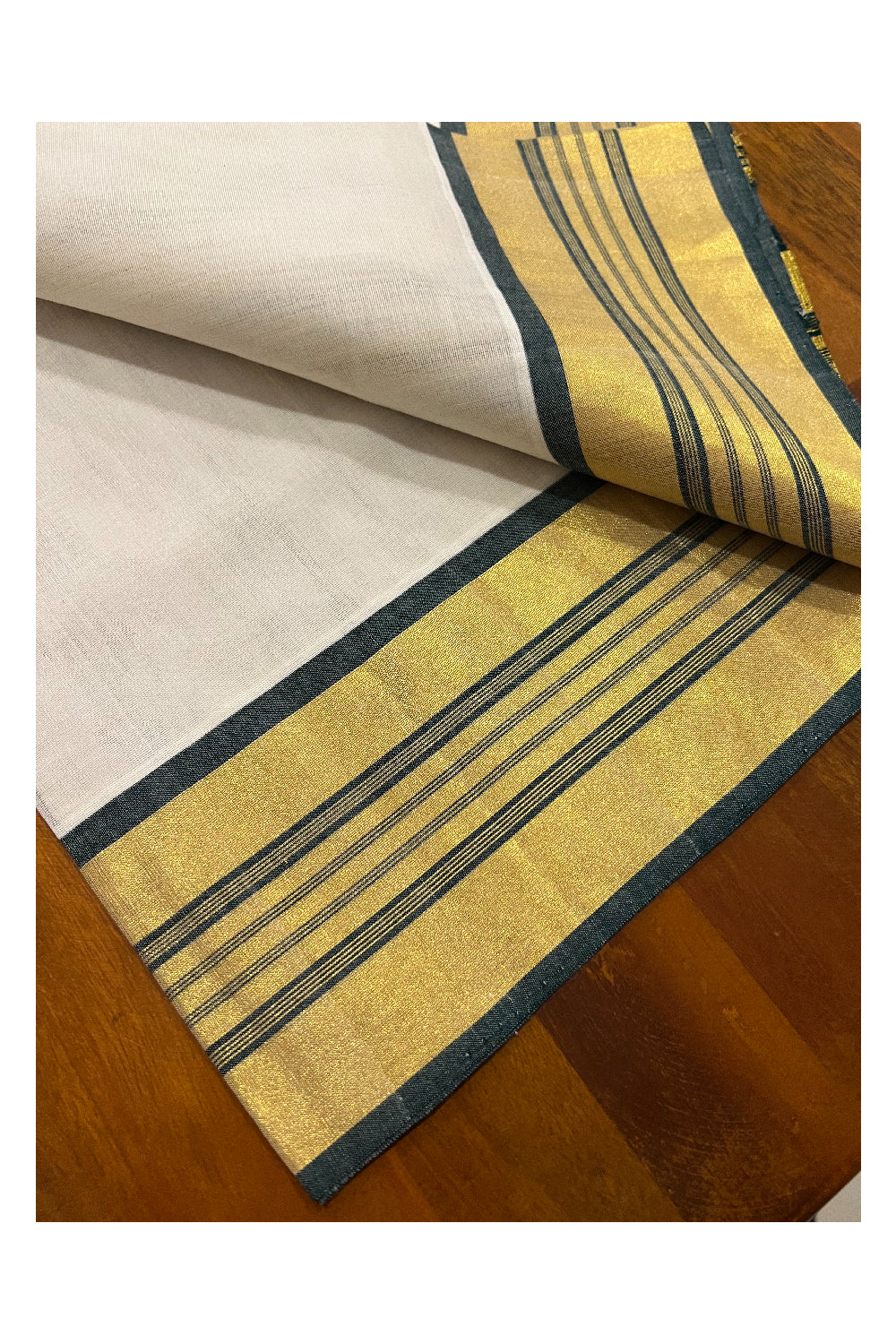 Southloom Premium Handloom Set Mundu with Kasavu and Dark Green Stripes Border 2.80 Mtrs