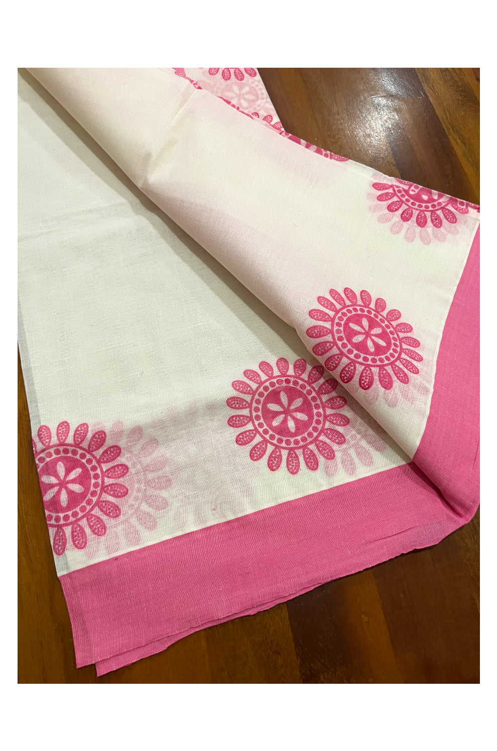 Pure Cotton Single Set Mundu (Mundum Neriyathum Onam 2023) with Pink Block Prints and Border