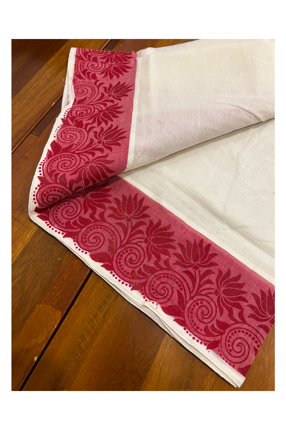 Kerala Cotton Set Mundu (Mundum Neriyathum) with Red Floral Temple Block Prints on Border