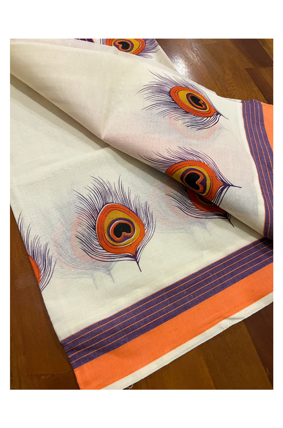 Kerala Cotton Set Mundu (Mundum Neriyathum) with Orange Mural Feather Prints and Violet Orange Border