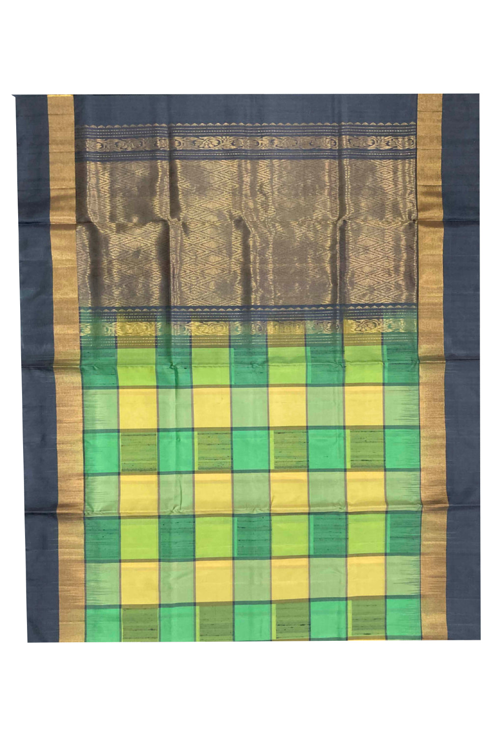 Southloom Handloom Pure Silk Kanchipuram Saree in Yellow Green Check Box Design