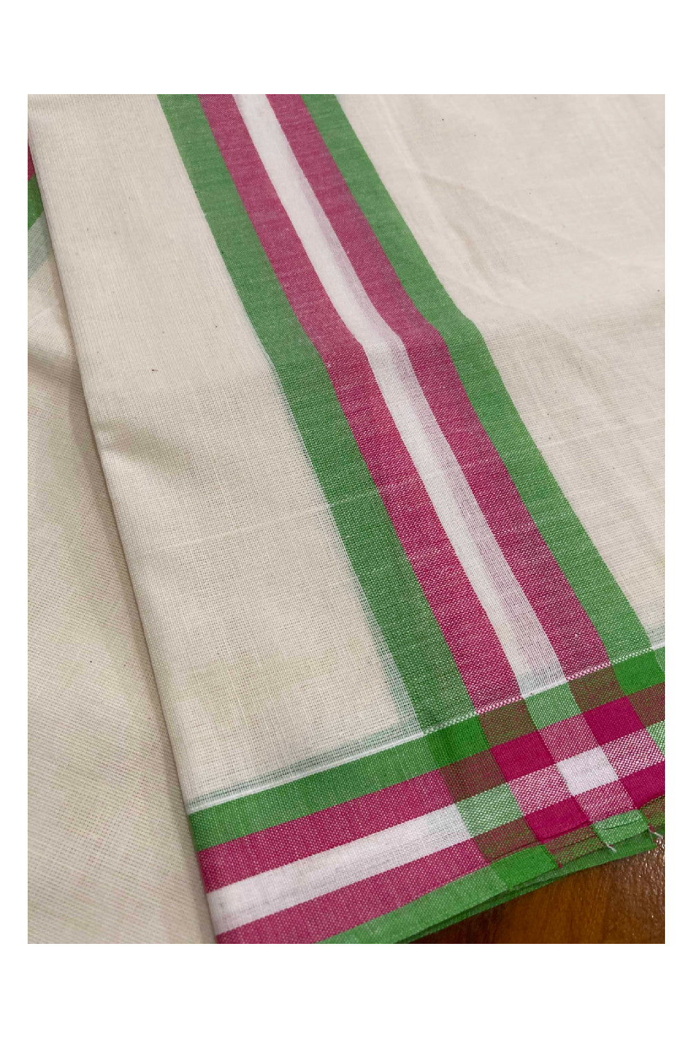 Kerala Cotton Mundum Neriyathum Single (Set Mundu) with Mulloth Design Green and Rose Border (Extra Soft Cotton)