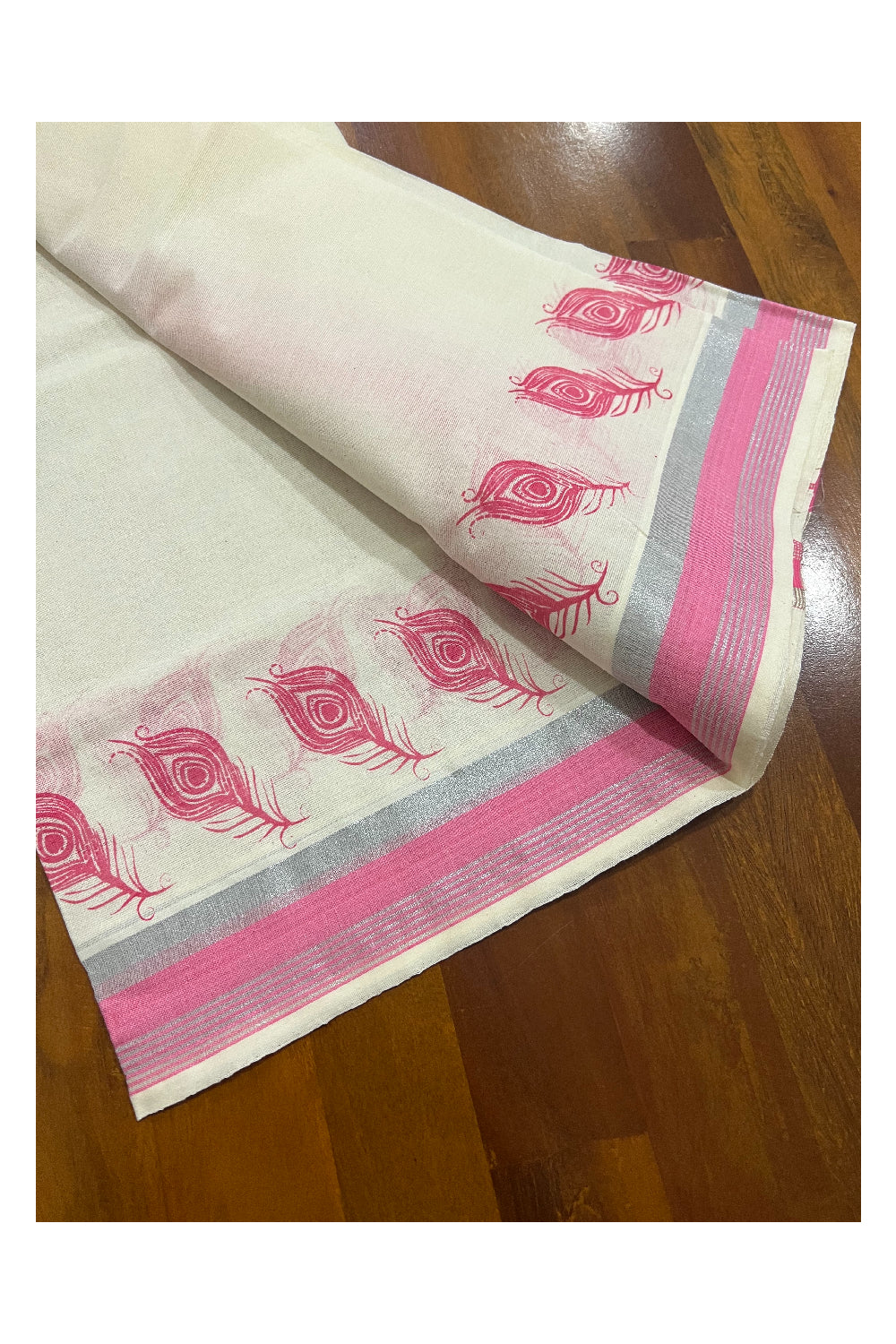 Kerala Cotton Set Mundu (Mundum Neriyathum) with Pink Feather Block Prints and Silver Border