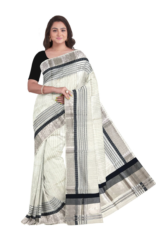 Southloom™ Original Handloom Cotton Saree with Black Border and Silver Kasavu Lines Across Body