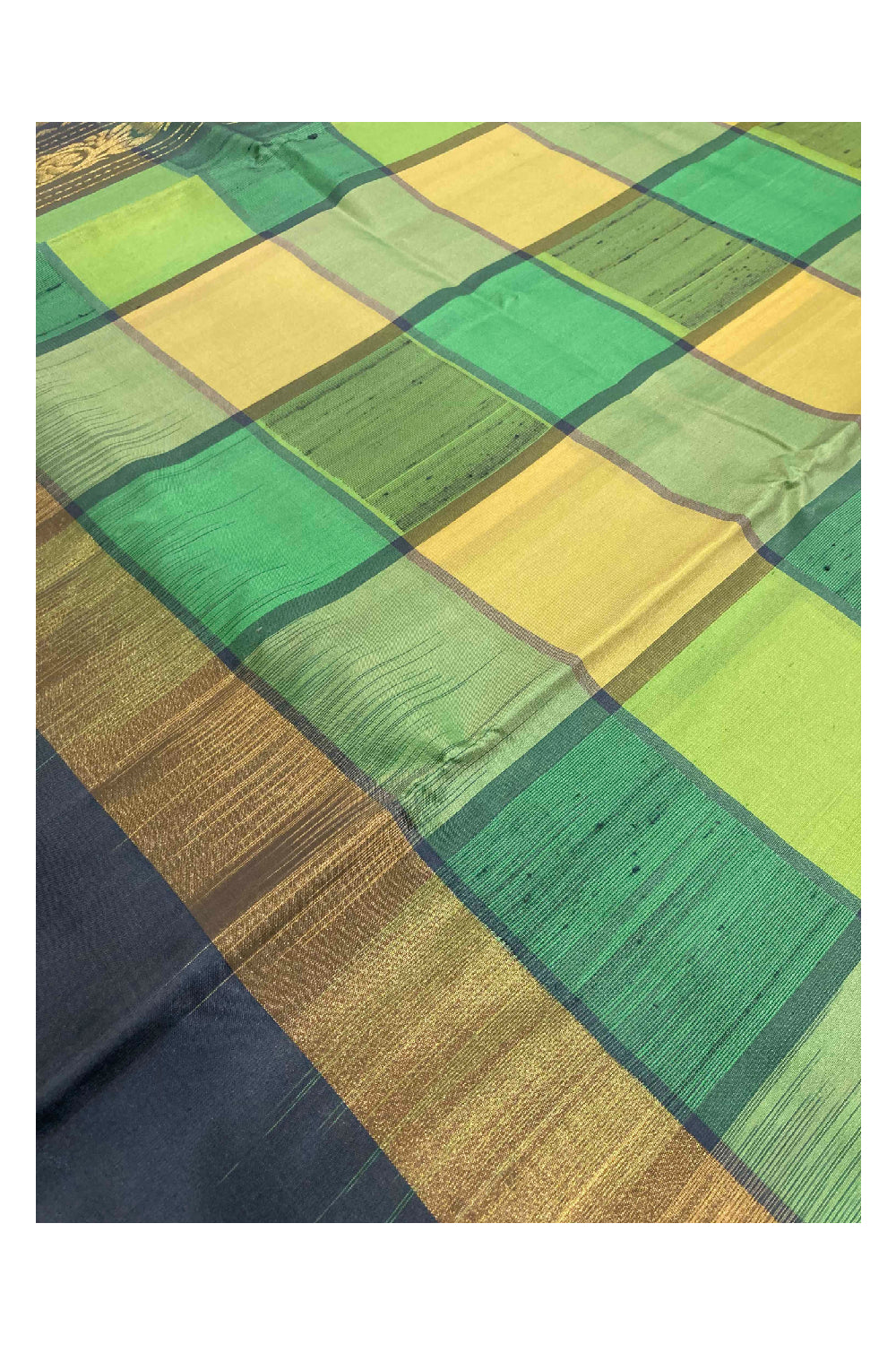 Southloom Handloom Pure Silk Kanchipuram Saree in Yellow Green Check Box Design