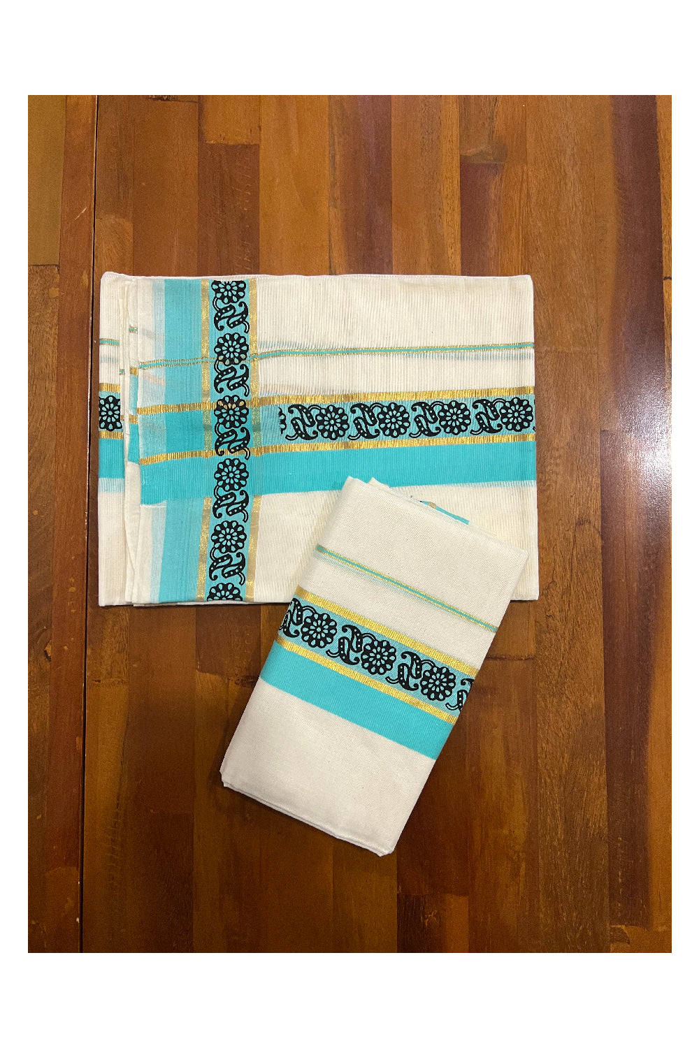 Kerala Cotton Kasavu Set Mundu (Mundum Neriyathum) with Black Floral Block Prints in Turquoise Border